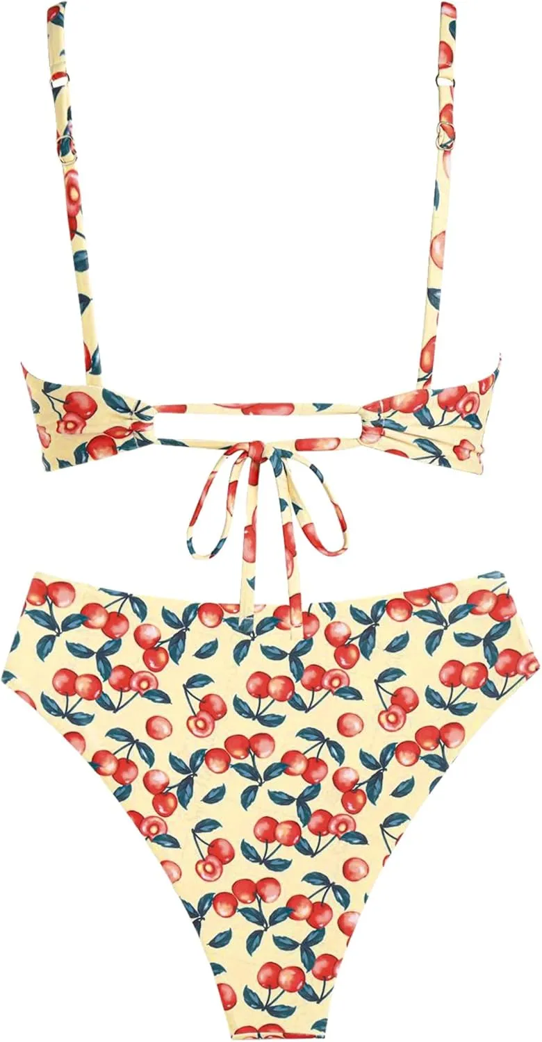 ZAFUL Women's V Neck Bikini Set High Waisted Swimsuits Lace Up Bow Decor Cheeky Two Piece Bathing Suit