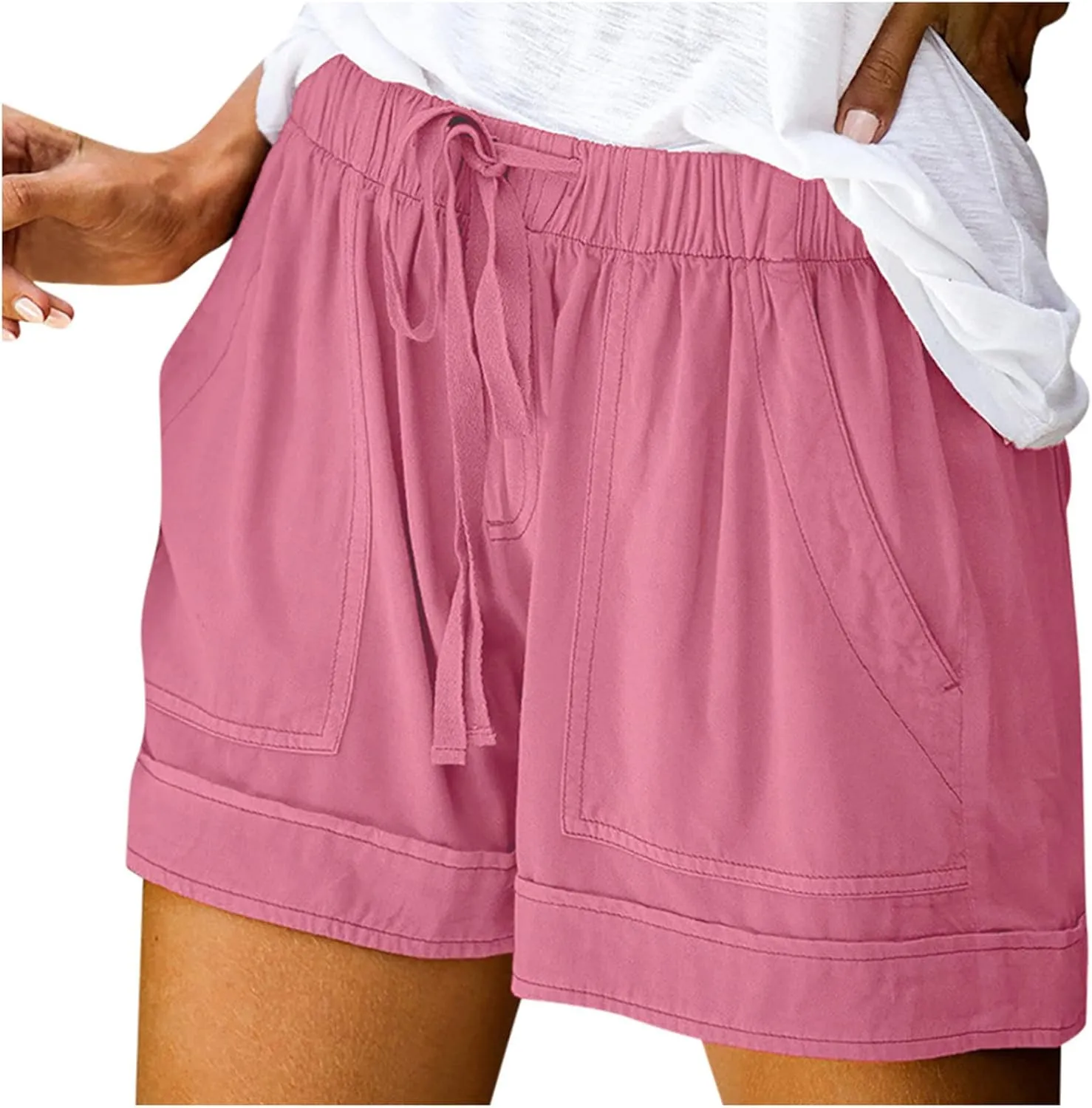 ZDRZK Womens Summer Shorts Plus Size Solid Comfy Drawstring Casual Shorts Elastic Waist Pocket Loose Travel Shorts Pants