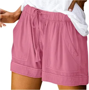 ZDRZK Womens Summer Shorts Plus Size Solid Comfy Drawstring Casual Shorts Elastic Waist Pocket Loose Travel Shorts Pants