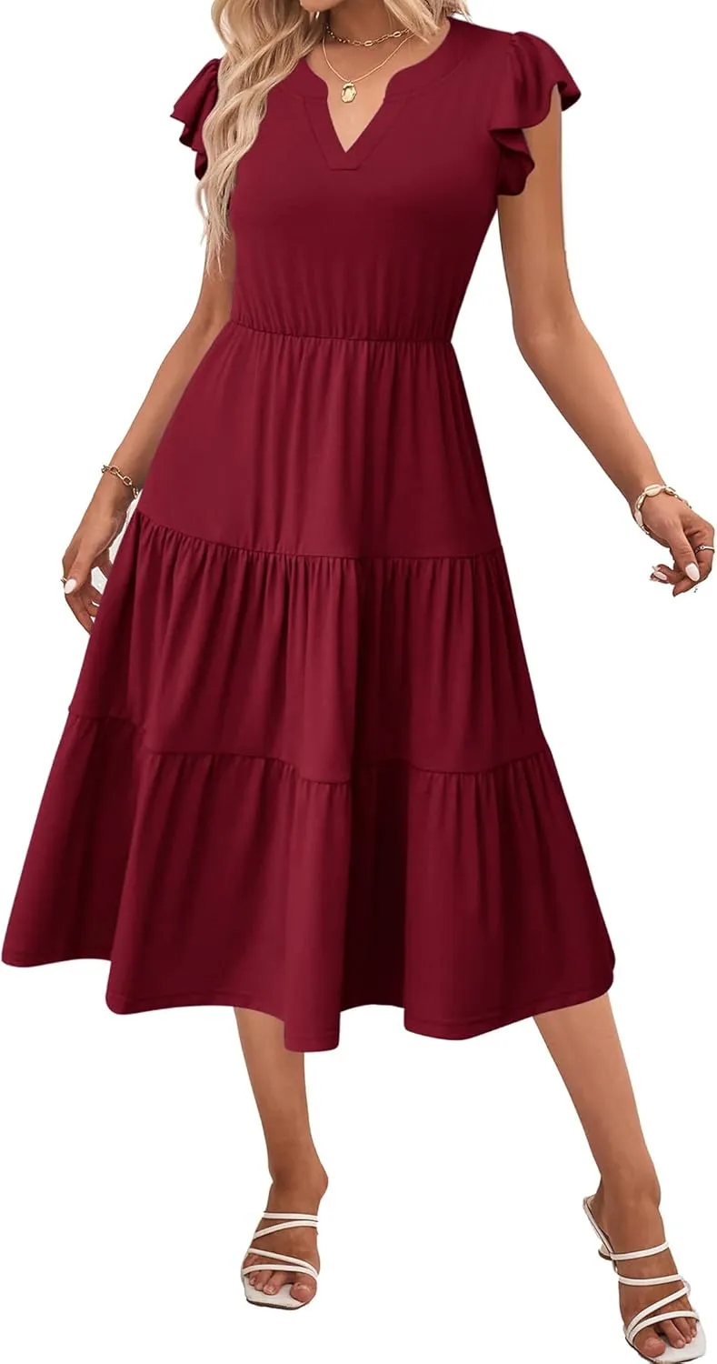 Zeagoo Womens Summer Casual Dresses Ruffle Sleeve V Neck Midi Dress Flowy Tiered Dress with Pockets Boho Sundresses