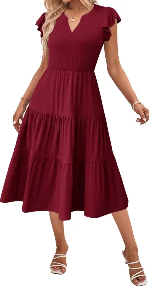 Zeagoo Womens Summer Casual Dresses Ruffle Sleeve V Neck Midi Dress Flowy Tiered Dress with Pockets Boho Sundresses