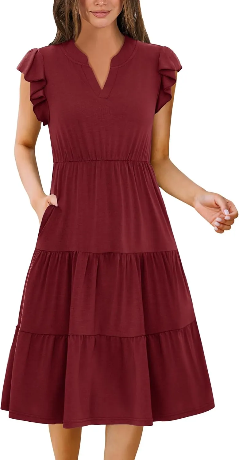 Zeagoo Womens Summer Casual Dresses Ruffle Sleeve V Neck Midi Dress Flowy Tiered Dress with Pockets Boho Sundresses