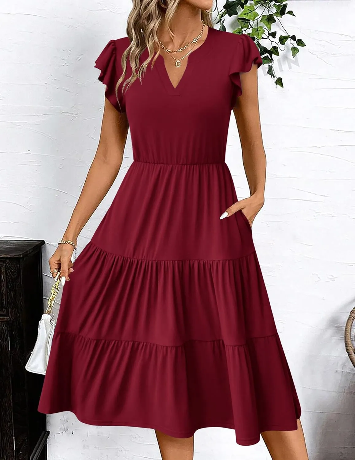 Zeagoo Womens Summer Casual Dresses Ruffle Sleeve V Neck Midi Dress Flowy Tiered Dress with Pockets Boho Sundresses