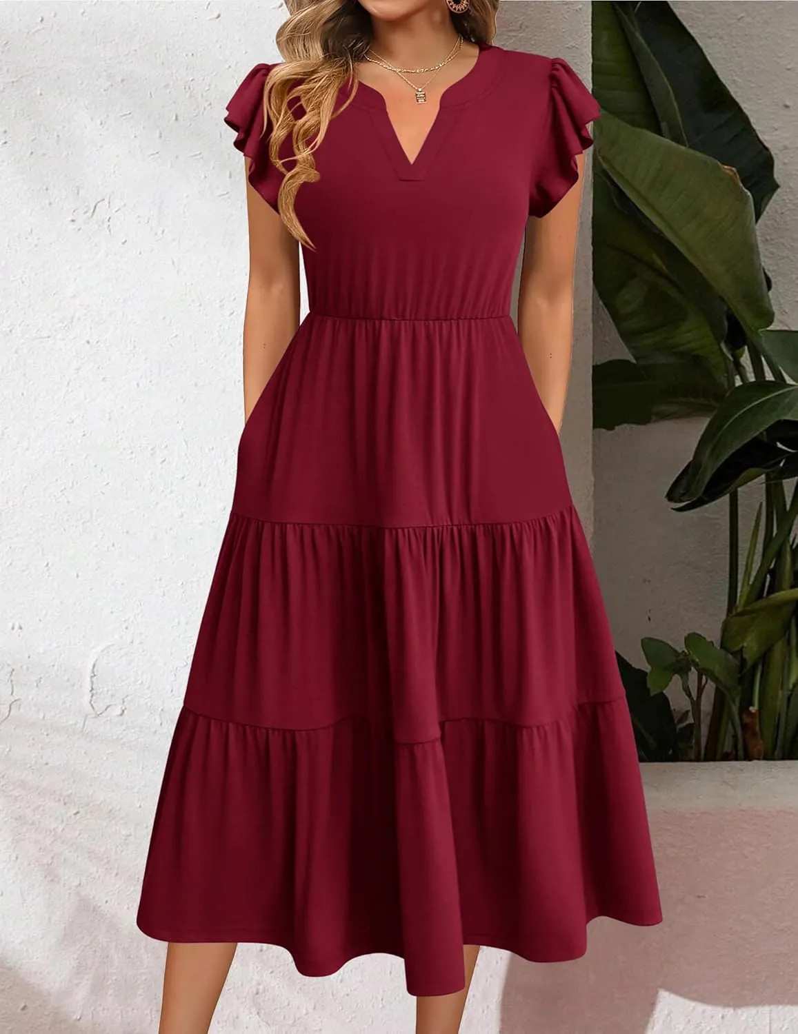 Zeagoo Womens Summer Casual Dresses Ruffle Sleeve V Neck Midi Dress Flowy Tiered Dress with Pockets Boho Sundresses