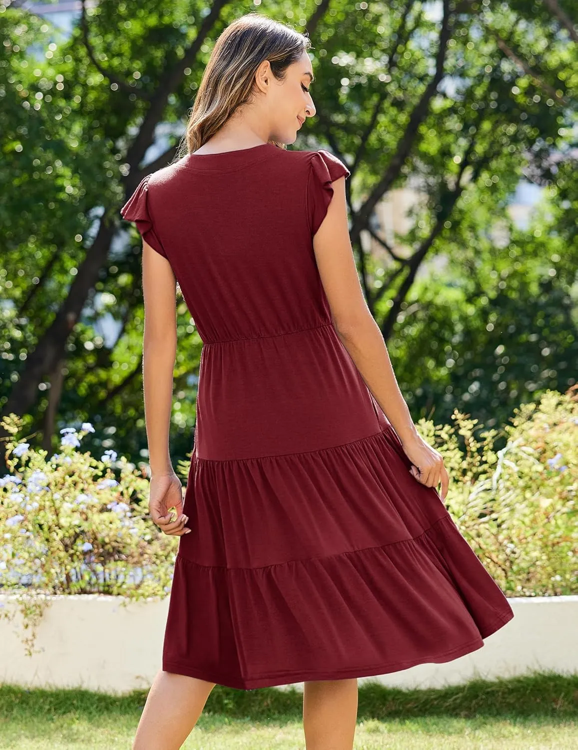 Zeagoo Womens Summer Casual Dresses Ruffle Sleeve V Neck Midi Dress Flowy Tiered Dress with Pockets Boho Sundresses