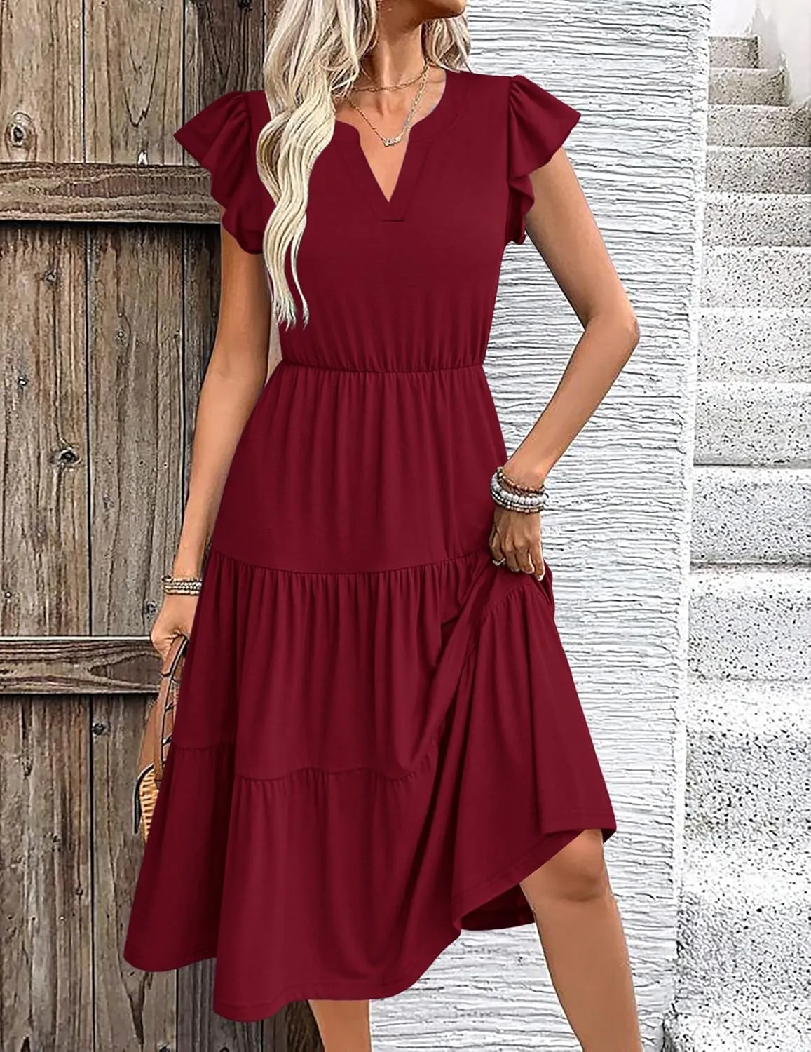 Zeagoo Womens Summer Casual Dresses Ruffle Sleeve V Neck Midi Dress Flowy Tiered Dress with Pockets Boho Sundresses