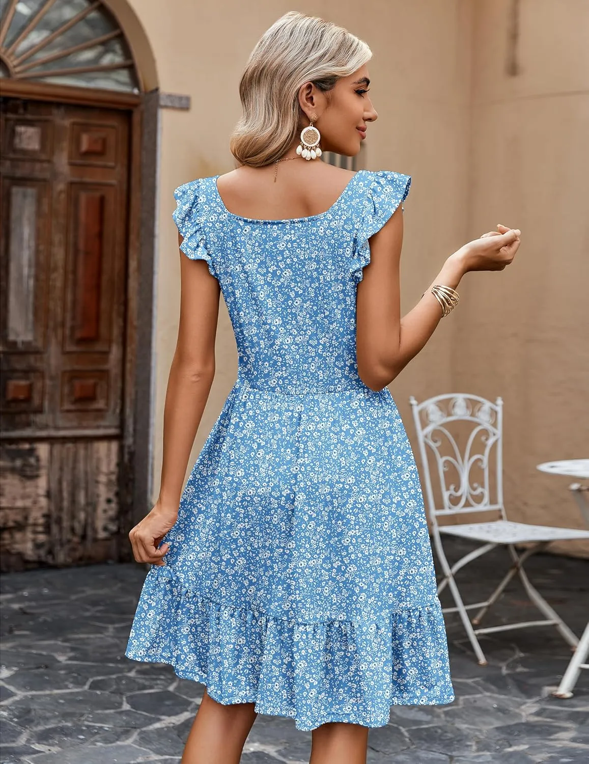 Zeagoo Womens Summer Dress Casual Ruffle Tiered Floral Square Neck Sundresses Beach Boho Mini A-line Dress 2025 with Pockets