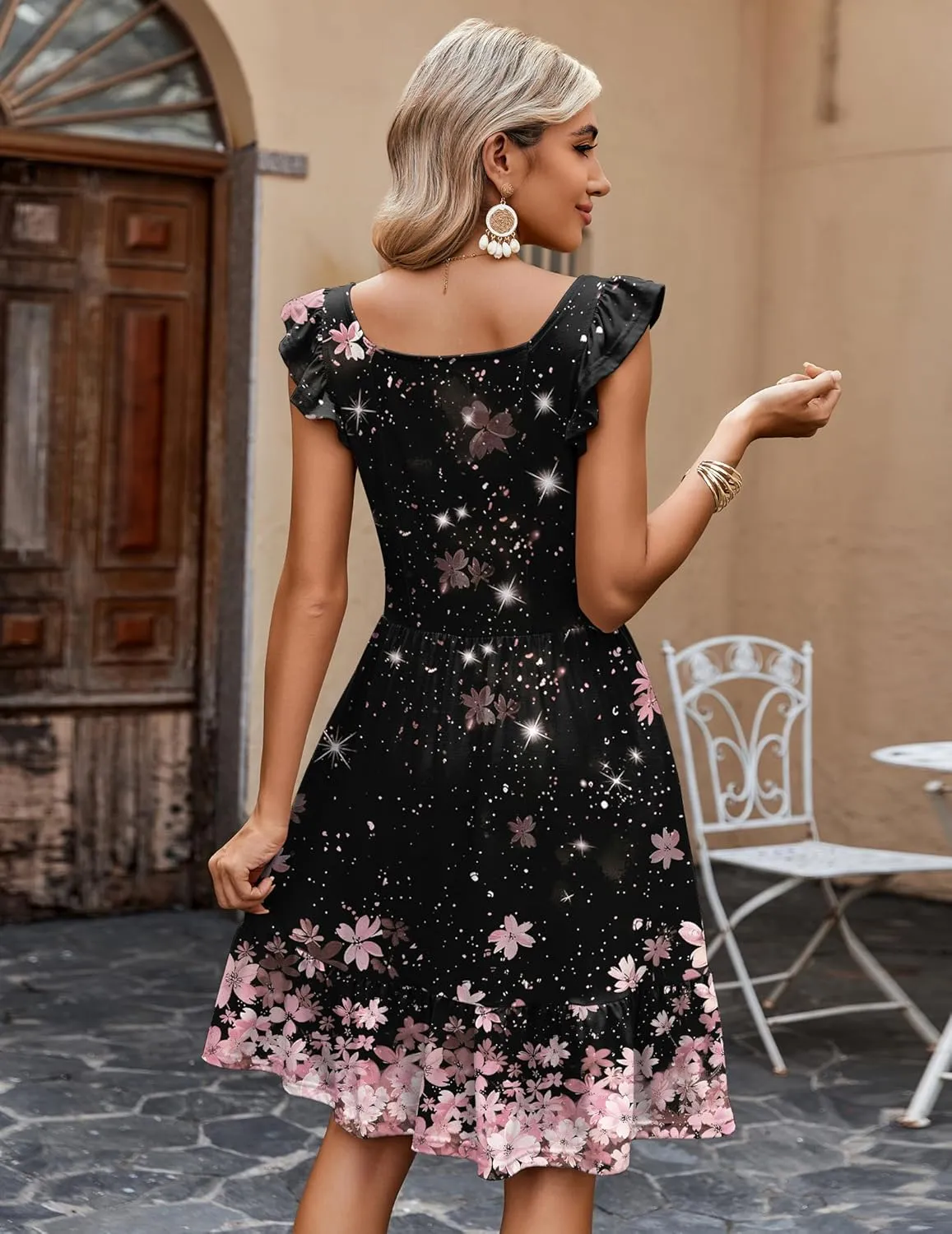 Zeagoo Womens Summer Dress Casual Ruffle Tiered Floral Square Neck Sundresses Beach Boho Mini A-line Dress 2025 with Pockets