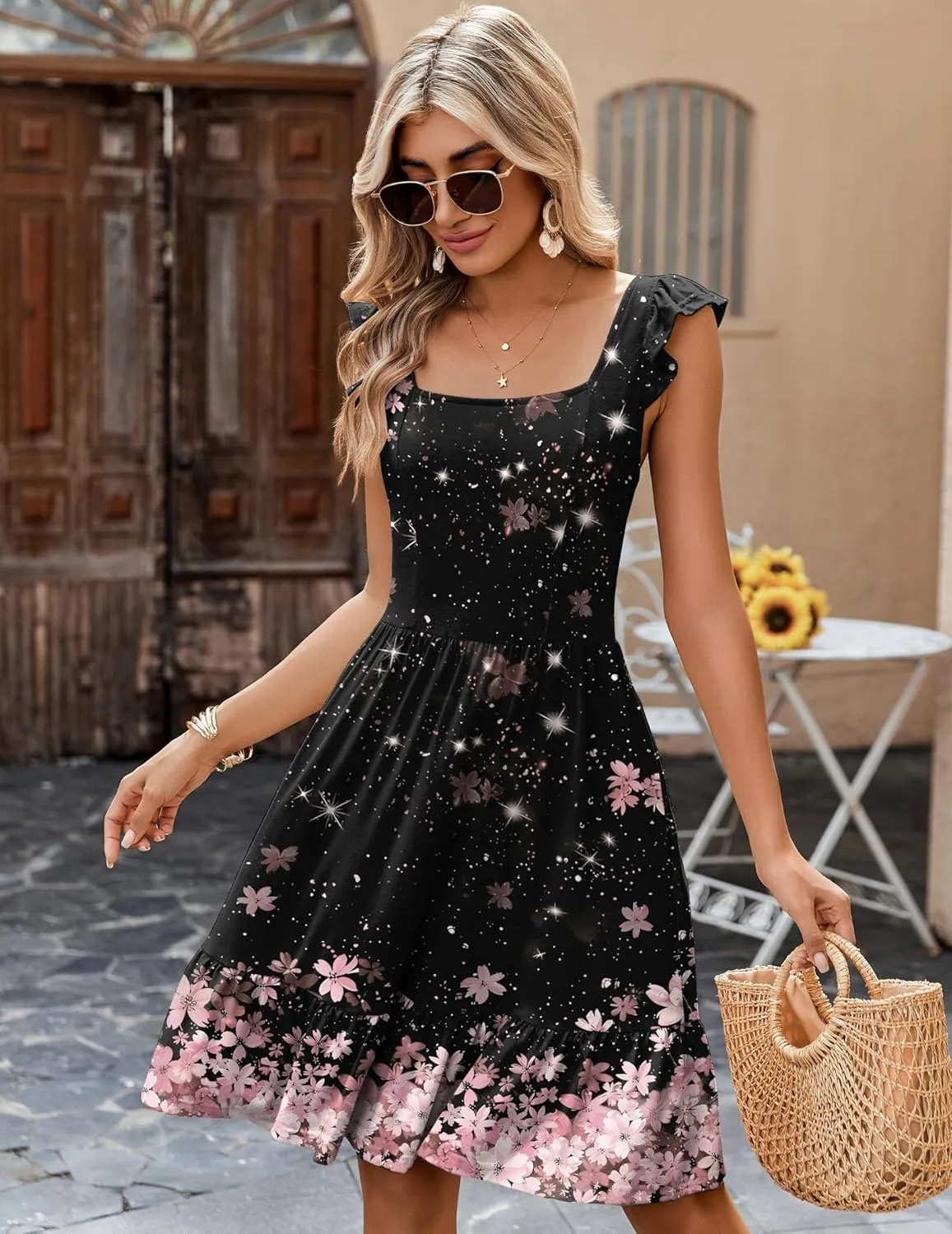 Zeagoo Womens Summer Dress Casual Ruffle Tiered Floral Square Neck Sundresses Beach Boho Mini A-line Dress 2025 with Pockets