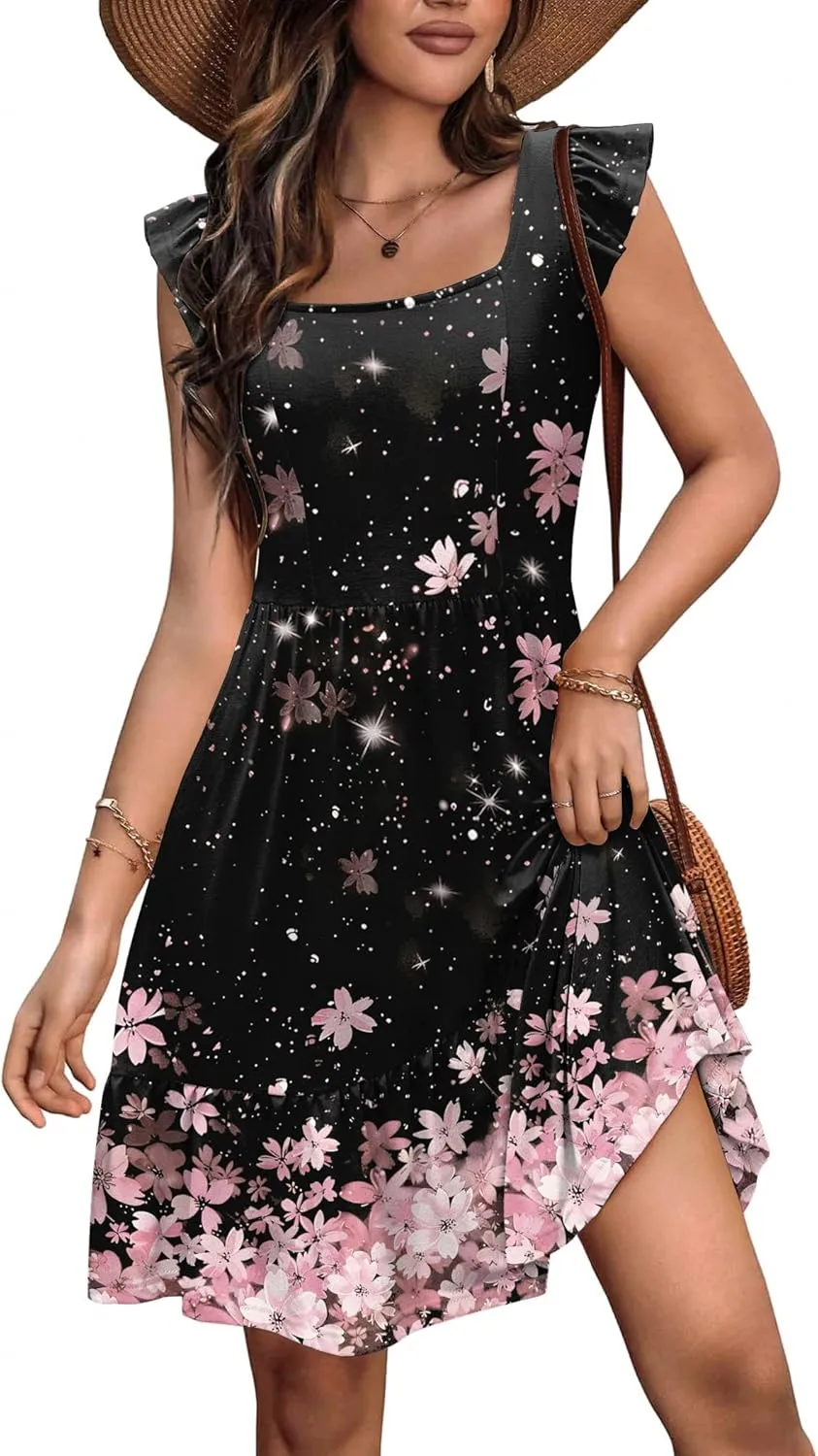 Zeagoo Womens Summer Dress Casual Ruffle Tiered Floral Square Neck Sundresses Beach Boho Mini A-line Dress 2025 with Pockets