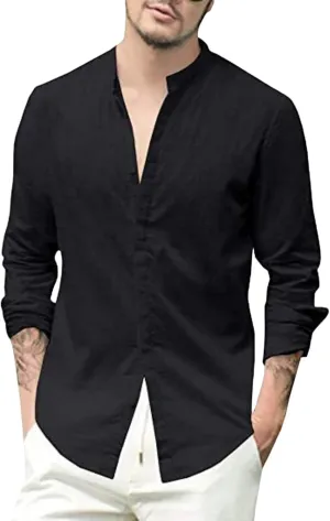 ZWRXW Mens Cotton Linen Shirts Long Sleeve Casual Buttons Down Solid Plain Roll-Up Sleeve Summer Beach Shirts